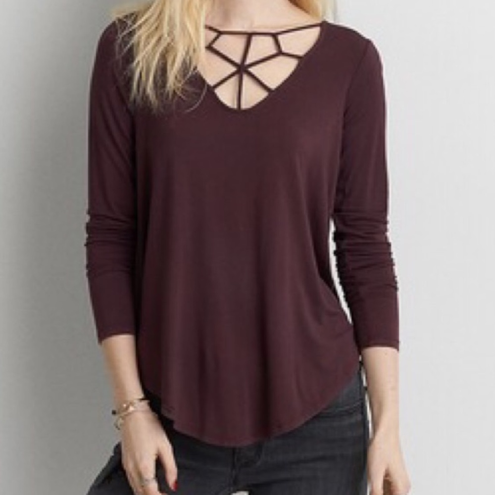 American Eagle Long Sleeve Purple Caged Top
